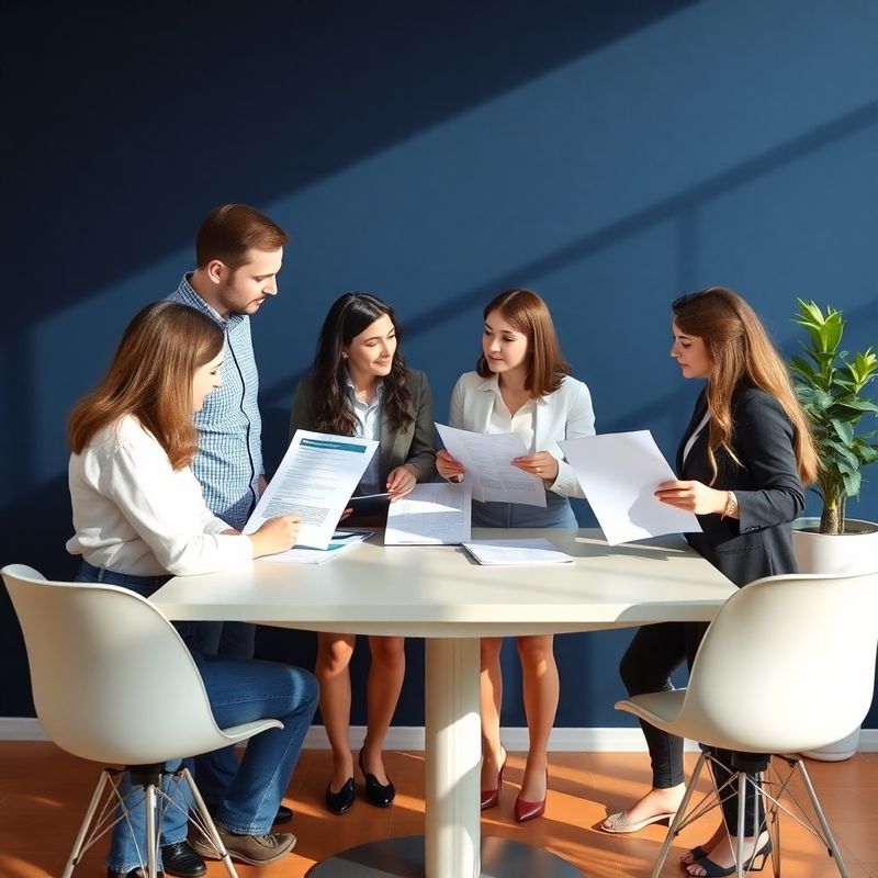 Equipo de cuatro profesionales revisando documentos de estrategia de contenido en una oficina moderna de Bilbao